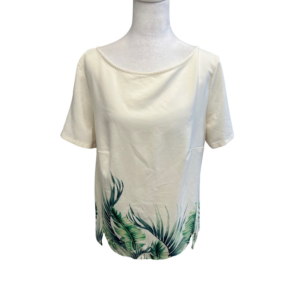 AVA & VIV Blouse Tropical Palm Leaf Print Cream Green Sz 1X Boho Coastal Nature